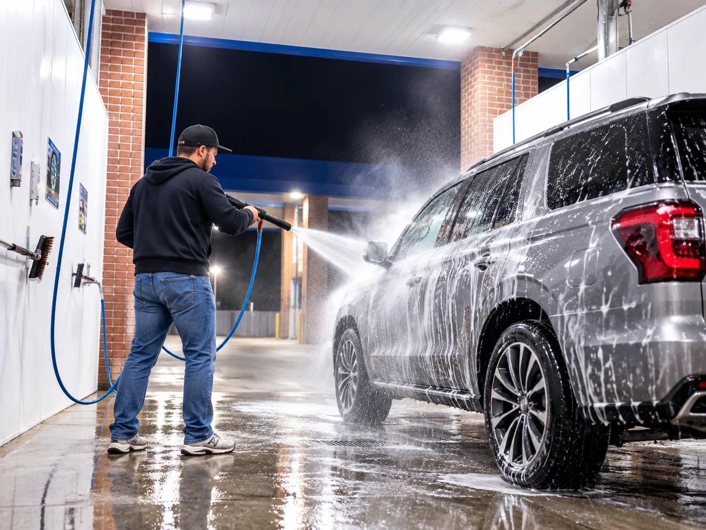 Driver pressure washing a silver vehicle in a bright Badger self-serve bay