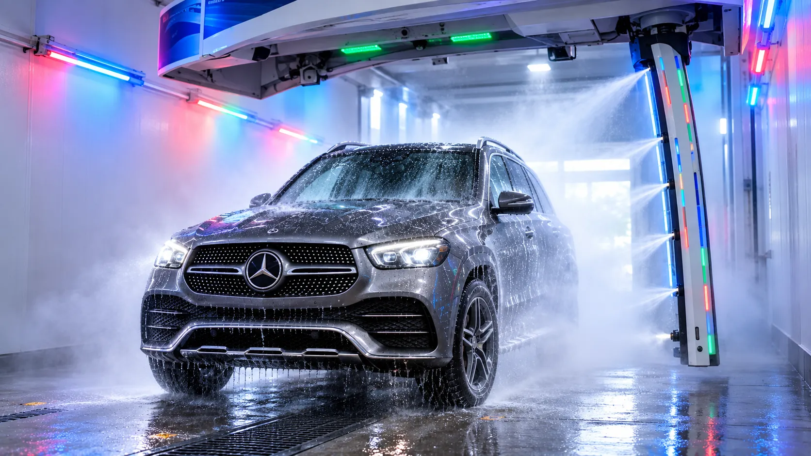 Silver SUV being cleaned by touchless water jets in a brightly lit wash bay