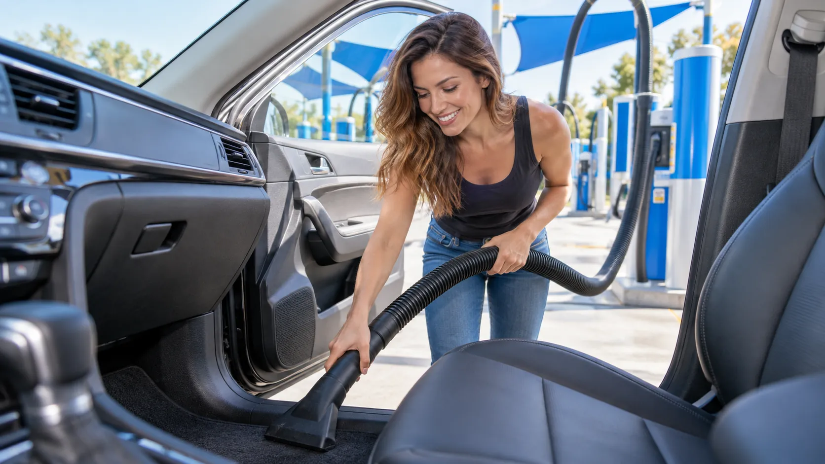 Woman clearly vacuuming the carpet inside her vehicle
