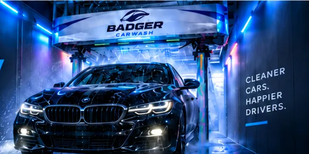 Black car in the Badger touchless wash bay